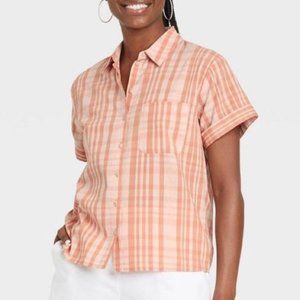 Universal Thread Coral Pink White Plaid Short Sleeve Button Down Shirt Small